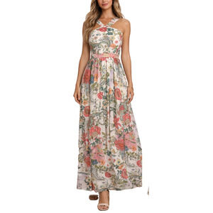 Lulus Floral Maxi Dress Small Boho Sleeveless Cross Back Ivory Multicolor Flowy